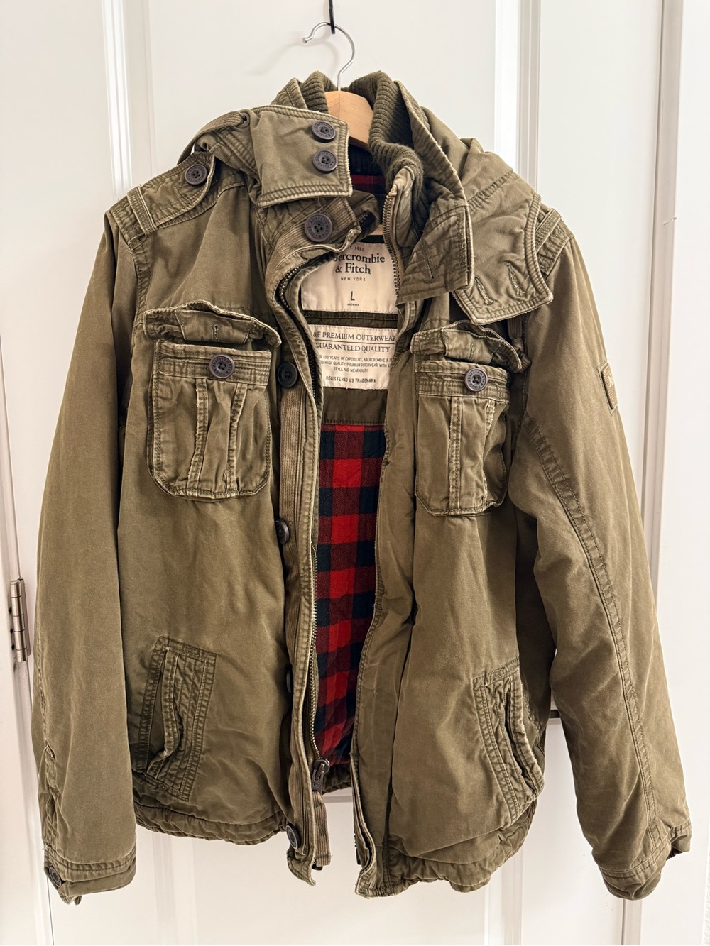 Abercrombie & Fitch Olive Green Military Field Jacket with Plaid Lining